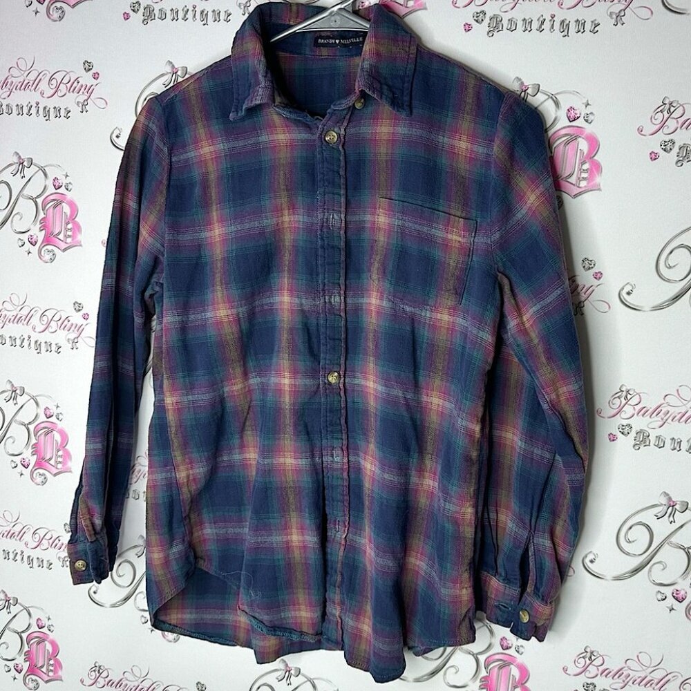 Brandy Melville button up plaid shirt purple blue pink buttons cute western